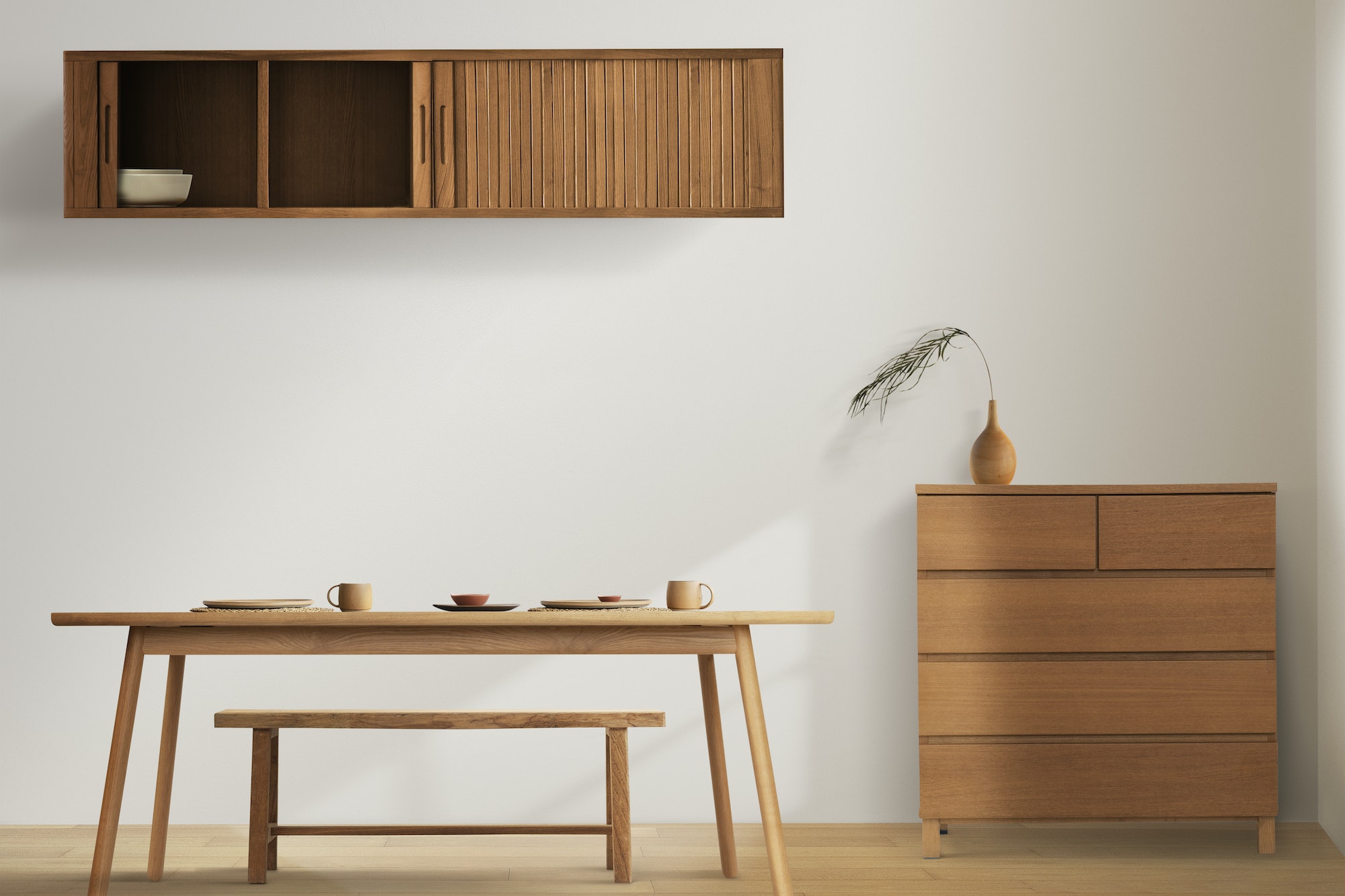 Wooden furniture in minimal dining room interior design